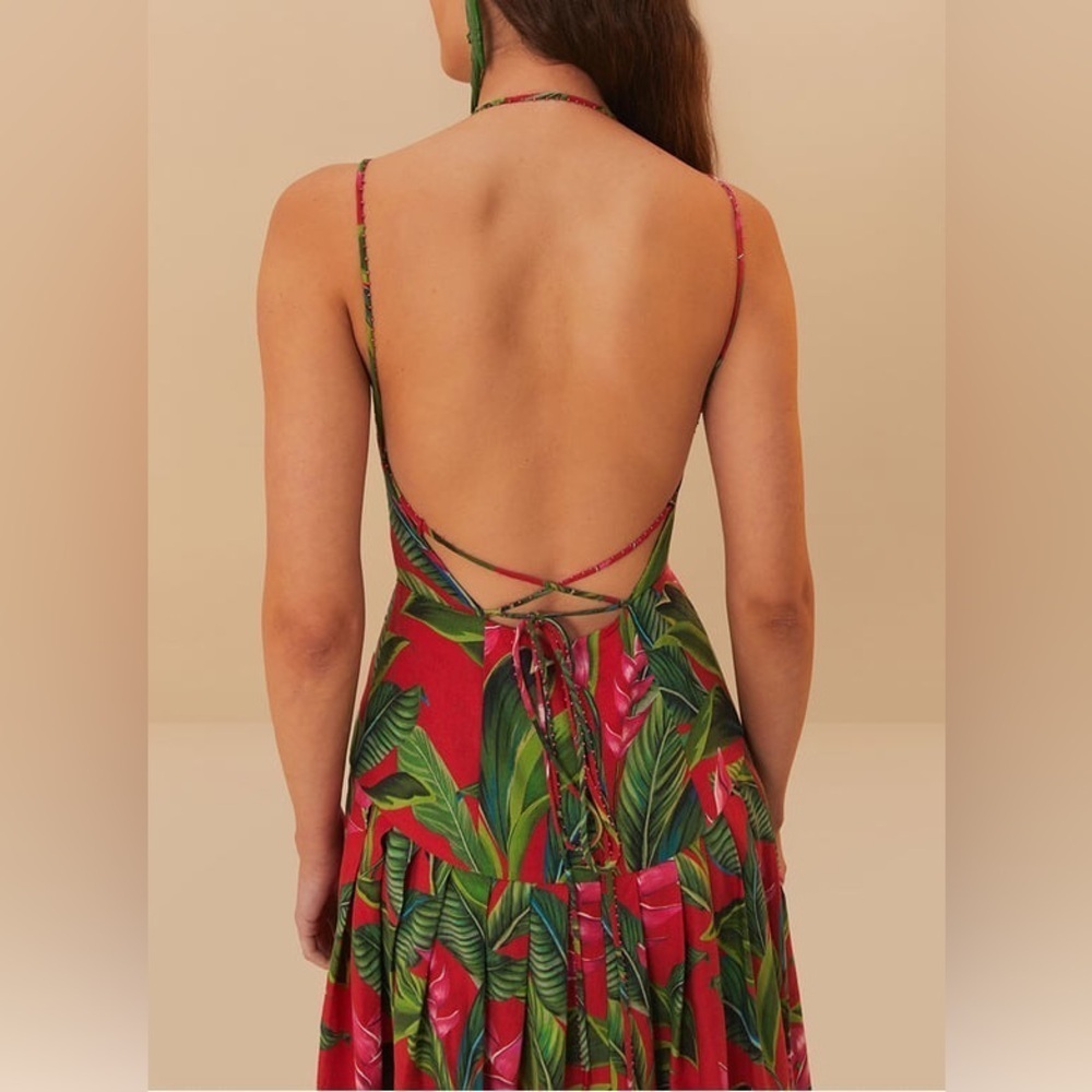 FARM RIO Square Neck Midi Dress in Linen Blend - Red B1353 - Picture 5 of 7